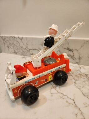 Fisher-Price Red and White Fire Engine Toy with Ladder and Figures 1968